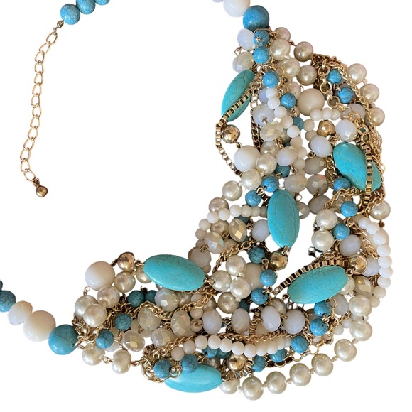 Multi-strand Statement Necklace Faux Pearl Turquoise Howlite Gold-tone Beads - Picture 6 of 7